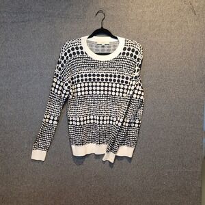 LOFT Sweater Women's Large Navy White Geometric Pattern Crew Neck Knit Lrg